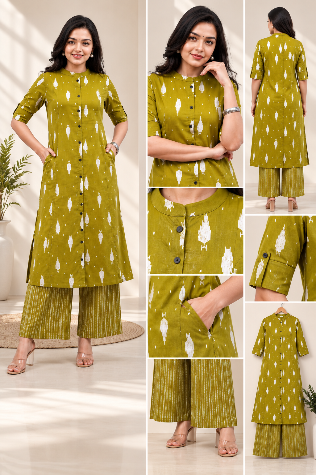 Olive Green Printed A-Line Cotton Kurta Palazzo Set for Women