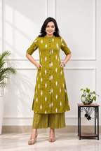 Olive Green Printed A-Line Cotton Kurta Palazzo Set for Women