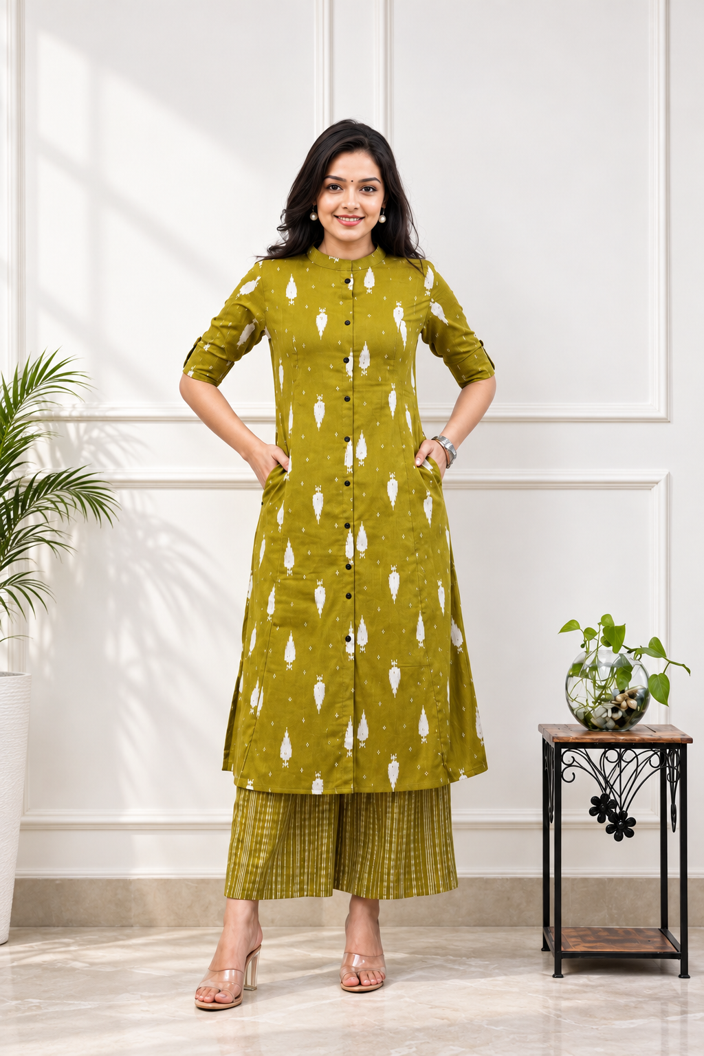 Olive Green Printed A-Line Cotton Kurta Palazzo Set for Women