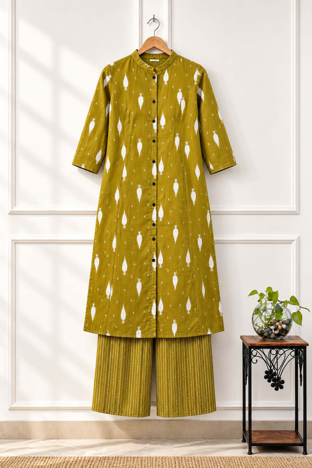 Olive Green Printed A-Line Cotton Kurta Palazzo Set for Women