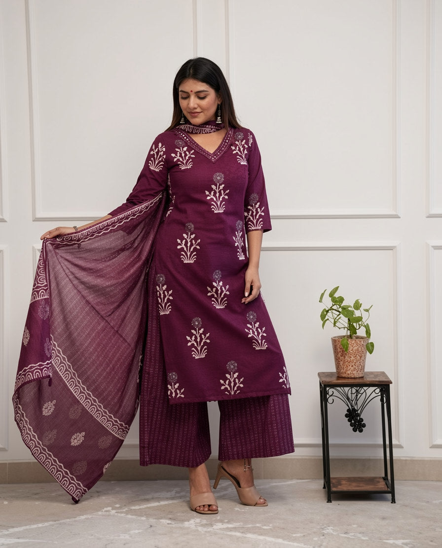 Women Cotton Blend Maroon Kurta Set With Dupatta