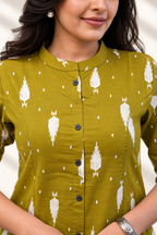 Olive Green Printed A-Line Cotton Kurta Palazzo Set for Women