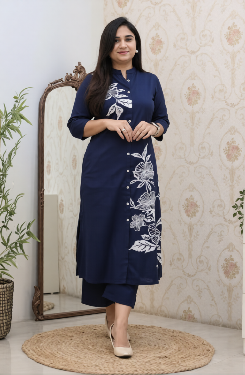 Beautiful ladies navy blue printed rayon kurti set comfortable daily and party wear outfit