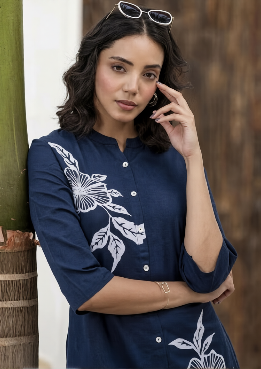 Beautiful ladies navy blue printed rayon kurti set comfortable daily and party wear outfit