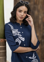 Beautiful ladies navy blue printed rayon kurti set comfortable daily and party wear outfit