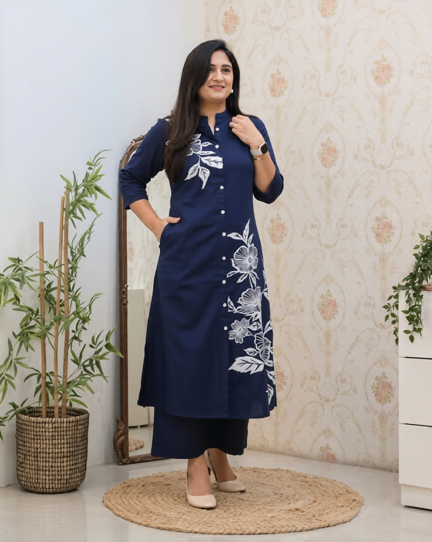 Beautiful ladies navy blue printed rayon kurti set comfortable daily and party wear outfit