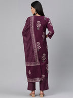 Women Cotton Blend Maroon Kurta Set With Dupatta