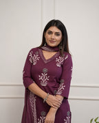 Women Cotton Blend Maroon Kurta Set With Dupatta