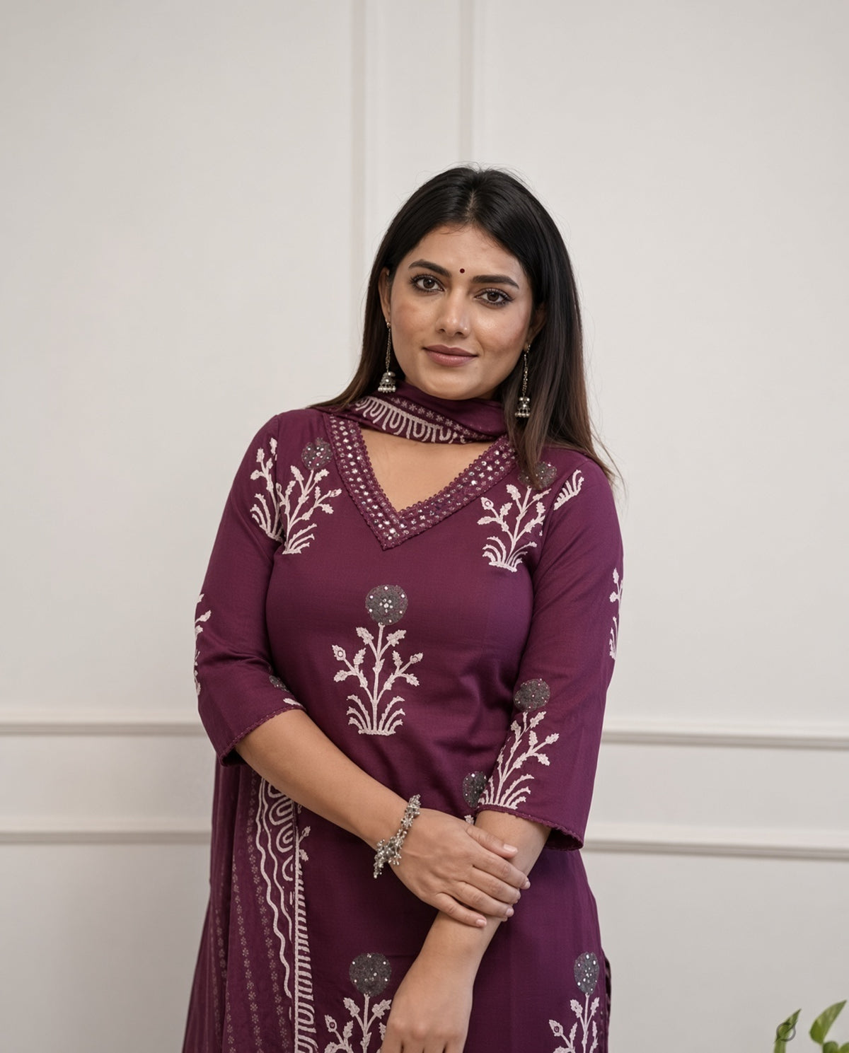 Women Cotton Blend Maroon Kurta Set With Dupatta